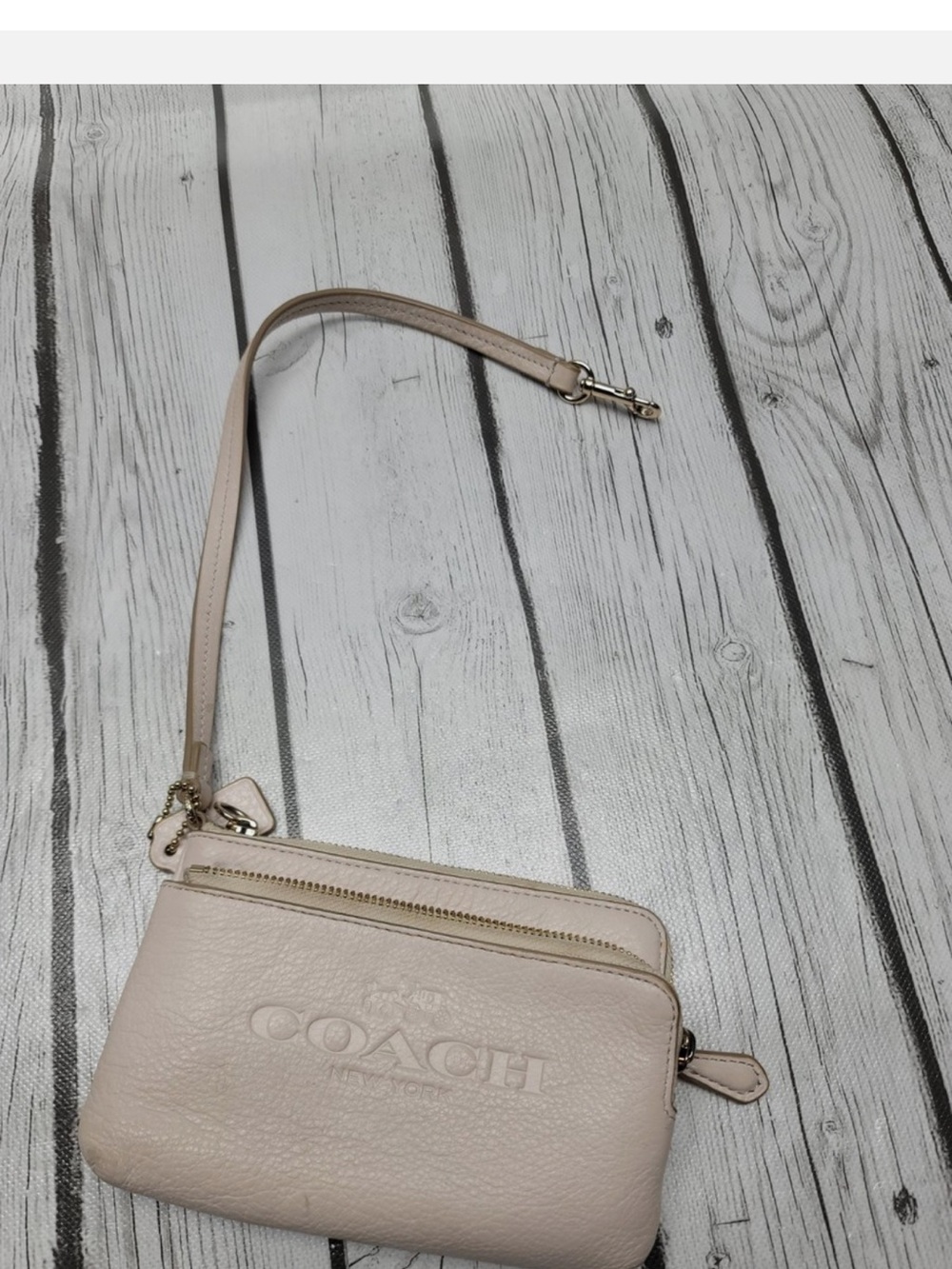 Coach Pebble Leather Double Zip Top Wristlet Wallet Taupe - Picture 3 of 8